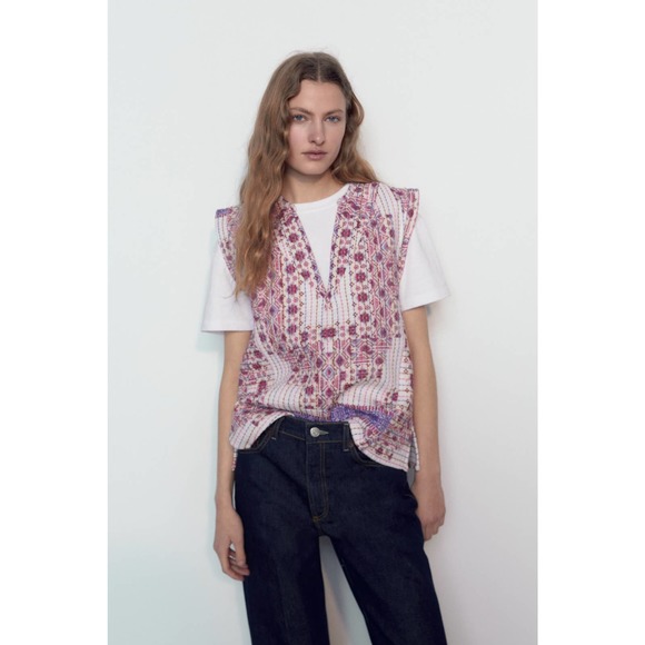 ZARA Womens Jacket‎ Size Small Cream Pink Printed Quilted Vest Sleeveless V-Neck - Picture 5 of 10